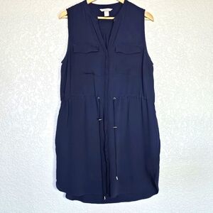 Womens Dark Blue Sleeveless V Neck Drawstring Dress Side Pockets sz 10
